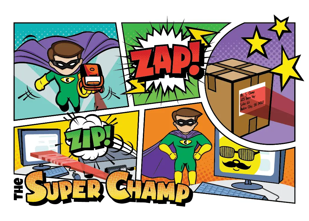 Comic book style illustration featuring "The Super Champ," a superhero in green and purple. Scenes show him with a ring scanner, a large cardboard box with stars, and a computer with sunglasses and a mustache on the screen. Text bubbles read "ZAP!" and "ZIP!.