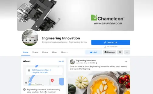 Screenshot of the Engineering Innovation Facebook page. It features a logo, location in Lafayette, IN, and a post with fall-themed decorations. Buttons for 