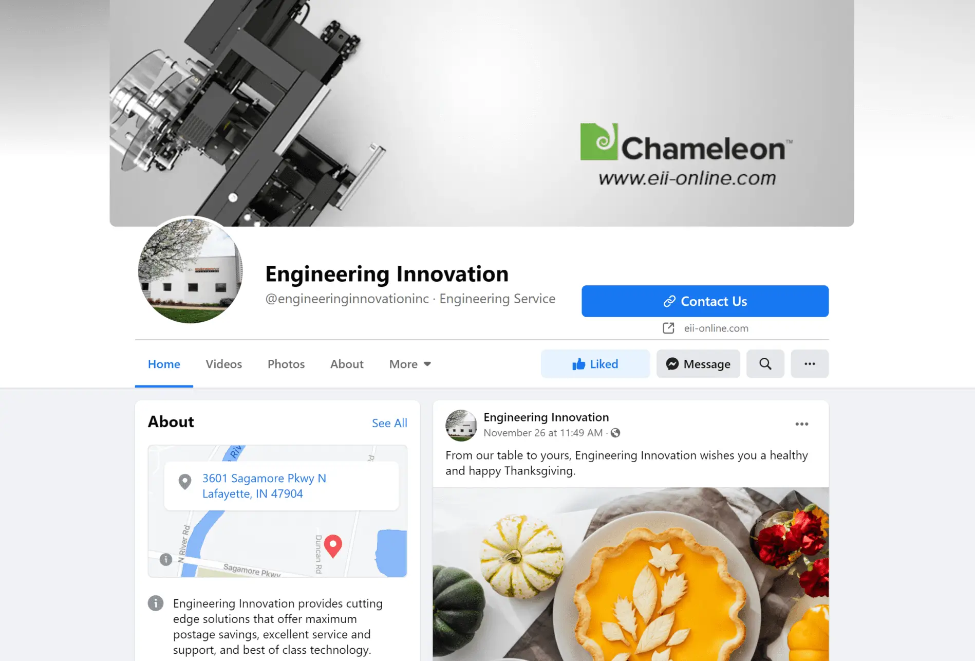 Screenshot of the Engineering Innovation Facebook page. It features a logo, location in Lafayette, IN, and a post with fall-themed decorations. Buttons for "Contact Us" and "Like" are shown.