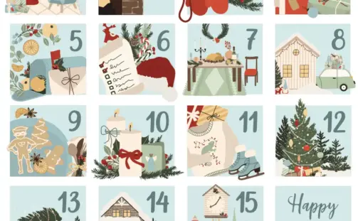 Illustrated Christmas advent calendar with 15 holiday-themed squares. Includes stockings, gifts, snowmen, Santa hats, cookies, candles, a gingerbread man, and festive decor. 