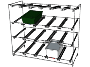 Technical 3D rendering of a set of free-standing racks with two plastic tote bins