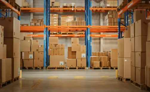 A warehouse interior where large stacks of cardboard boxes rest on wooden pallets. Tall blue and orange metal shelves tower in the background, storing more boxes at various levels. The floor remains clean and spacious, ready for seamless operations.