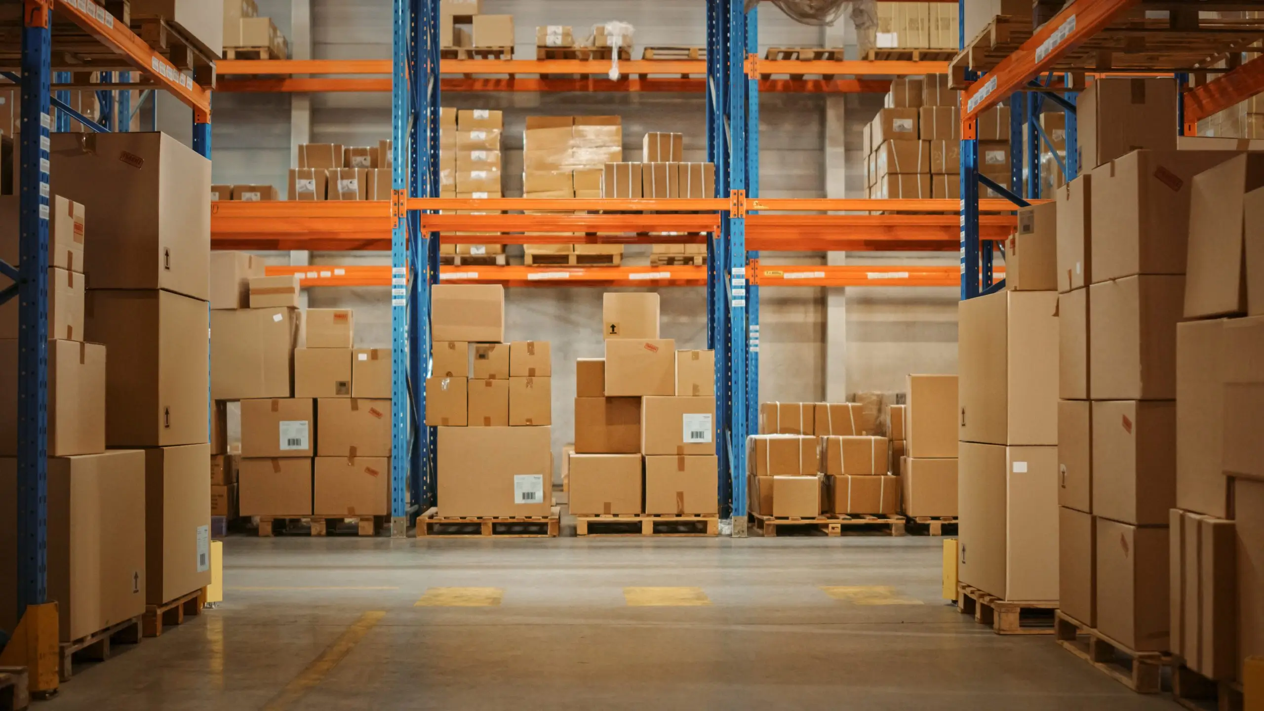 A warehouse interior where large stacks of cardboard boxes rest on wooden pallets. Tall blue and orange metal shelves tower in the background, storing more boxes at various levels. The floor remains clean and spacious, ready for seamless operations.