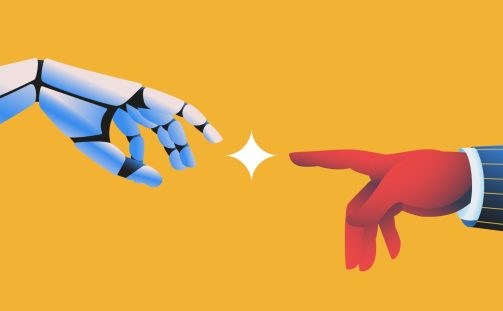 A robotic hand and a human hand are reaching towards each other against a yellow backdrop, a bright star-like spark dancing between their fingertips—an emblem of warehouse automation trends reshaping the future.