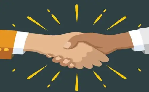 Illustration of a handshake between two people, one wearing an orange sleeve and the other in white. Yellow lines radiate like festive lights from the handshake, symbolizing holiday returns, agreement, and collaboration on a dark background.