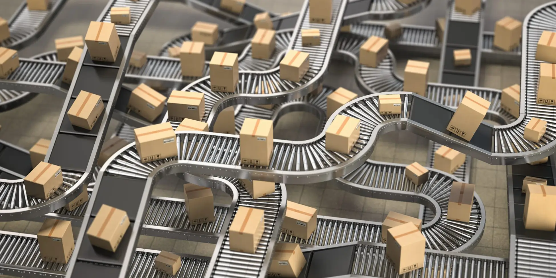 Numerous cardboard boxes on a complex network of conveyor belts, moving through a warehouse setting. The belts are interconnected in various loops and levels, creating an intricate distribution system.