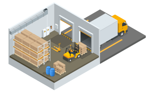 Illustration of a warehouse interior with stacked boxes on shelves, two blue barrels, and a forklift efficiently moving a pallet. A yellow truck waits at the loading bay in this depiction of streamlining operations during typical logistics activities.