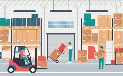 Illustration of a warehouse with workers moving boxes. One person operates a forklift, another loads boxes onto a dolly, and a third stacks boxes. The shelves are filled with various-sized packages and equipment.