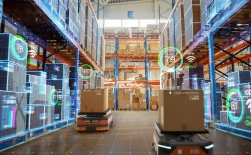 A high-tech warehouse with automated robots transporting boxes. Holographic displays show data and performance metrics. Shelves are stacked high with goods, and the environment is modern and digitalized.