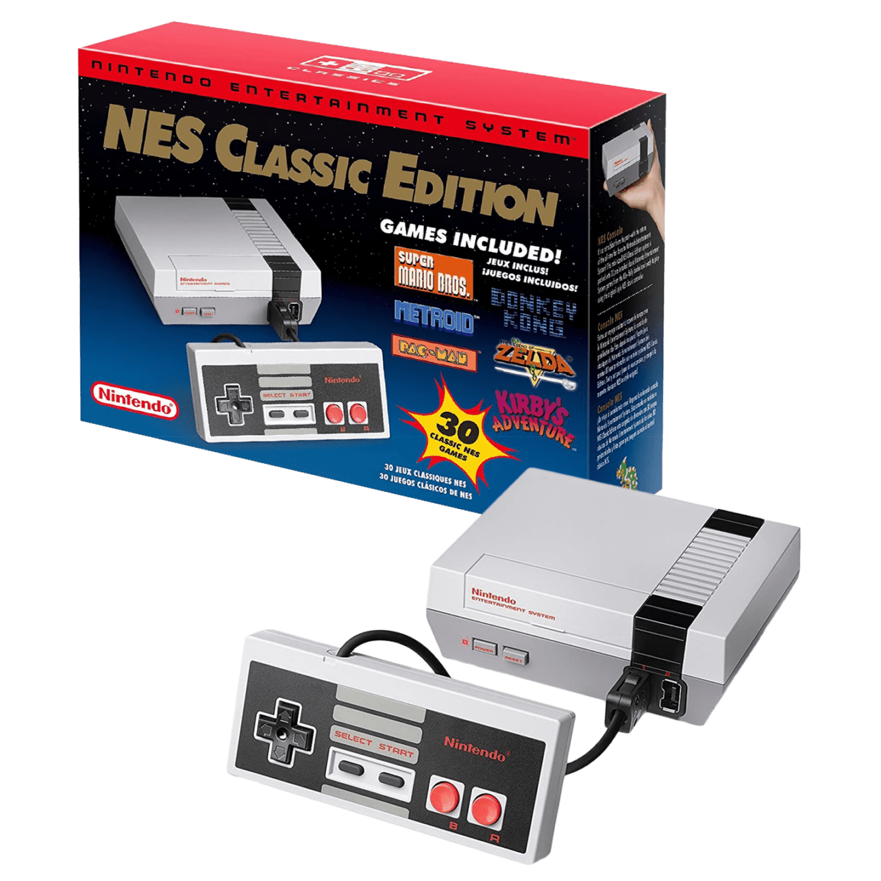 Image of the NES Classic Edition with its original box. The console and controller are shown next to the packaging. The box highlights included games like Super Mario Bros., The Legend of Zelda, and more.