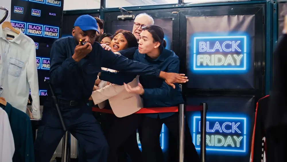 A security guard holds back eager shoppers at a store entrance adorned with "Black Friday" signs, emblematic of the commercialization of holidays. The crowd, visibly excited, leans against a barrier, ready to enter for the sale. The scene is busy and anticipatory.