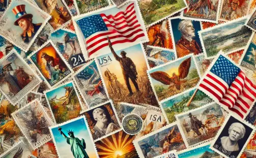 A collage of vintage U.S. postage stamps featuring patriotic themes like the Statue of Liberty and historical figures. As stamp prices increase, these richly colored and detailed symbols of American history and culture serve as timeless reminders of national pride.