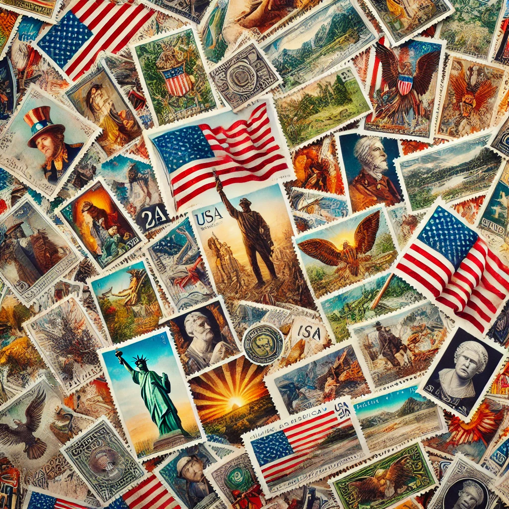 A collage of vintage U.S. postage stamps featuring patriotic themes like the Statue of Liberty and historical figures. As stamp prices increase, these richly colored and detailed symbols of American history and culture serve as timeless reminders of national pride.