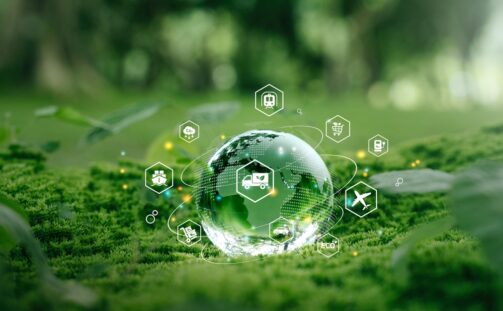 A reflective glass globe rests on a lush green forest floor, surrounded by digital icons representing technology, transportation, and ecology, symbolizing the intersection of nature and technology for sustainable development.