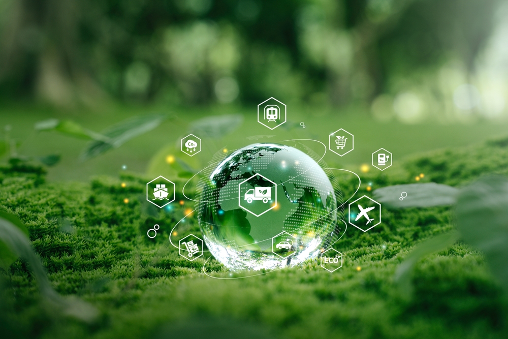 A reflective glass globe rests on a lush green forest floor, surrounded by digital icons representing technology, transportation, and ecology, symbolizing the intersection of nature and technology for sustainable development.