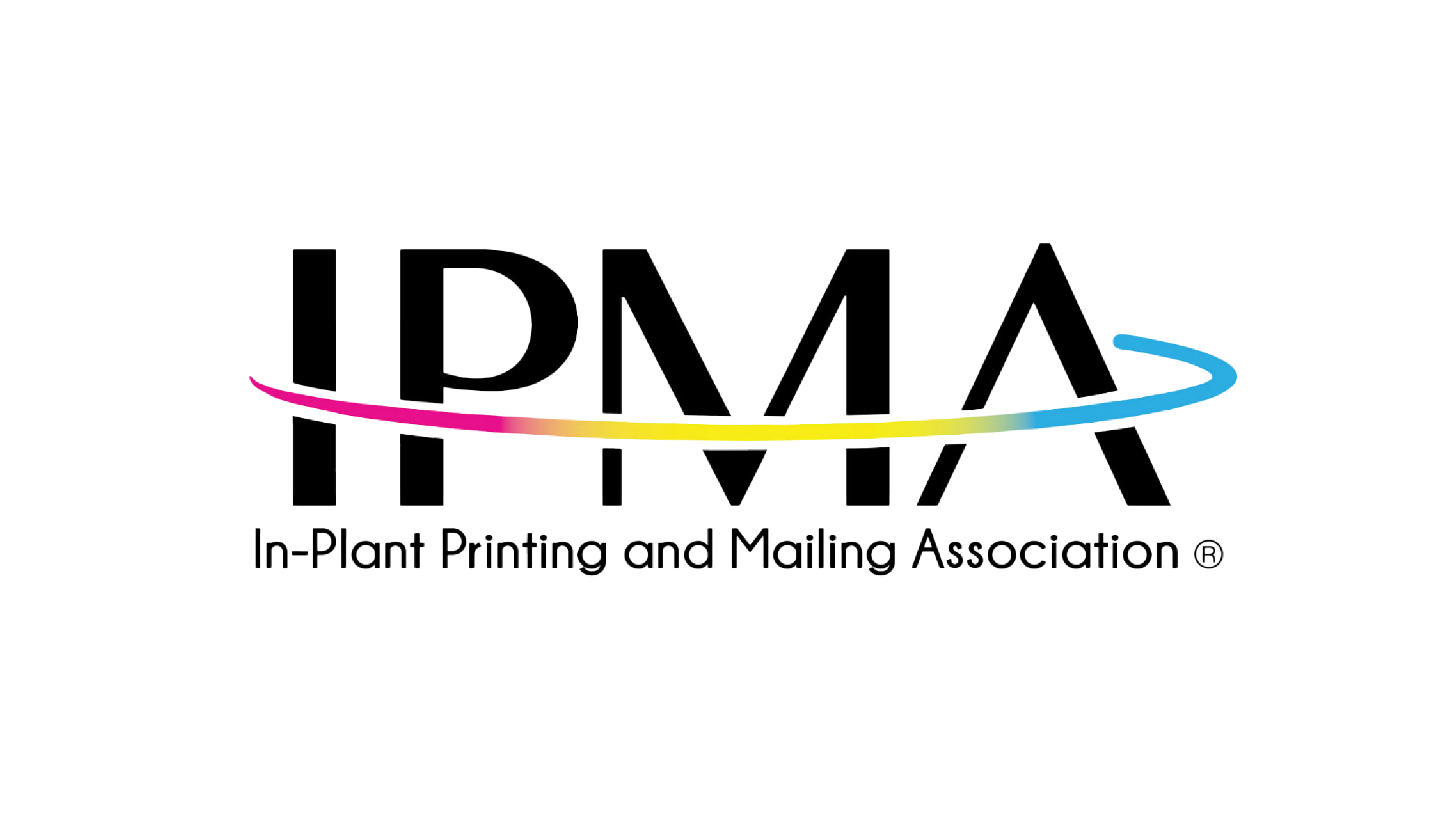 Logo for the In-Plant Printing and Mailing Association (IPMA). The letters "IPMA" are bold and black with a swoosh in pink, yellow, and blue passing through. Text below reads "In-Plant Printing and Mailing Association.