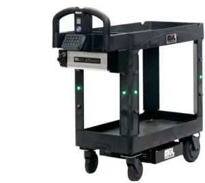 A sleek black motorized utility cart featuring two shelves, four wheels, and a keypad on the handle embraces logistics trends 2025. It boasts LED lights on the sides and distinct branding on the front, merging innovation with practicality.