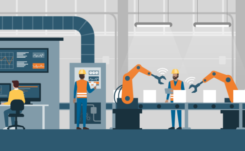 Illustration of a factory with workers and robotic arms assembling products on a conveyor belt. A person in an orange vest operates a computer, another checks a control panel, and a third observes with a clipboard.