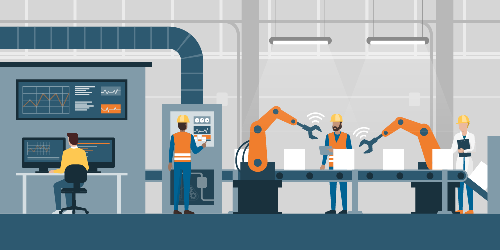 Illustration of a factory with workers and robotic arms assembling products on a conveyor belt. A person in an orange vest operates a computer, another checks a control panel, and a third observes with a clipboard.