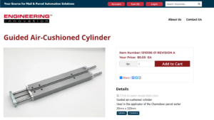 Screenshot of a product page for a guided air-cushioned cylinder. The image shows the cylinder on the left. The page displays item number, price, quantity option, and an "Add to Cart" button.